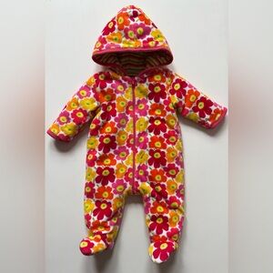 Marimekko Baby Girls Natta Hooded Pink & Yellow Floral Velour Footie - Size 6M